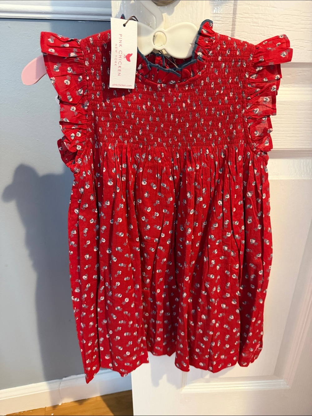 Pink Chicken Red Floral Smocked Ruffle Dress Top